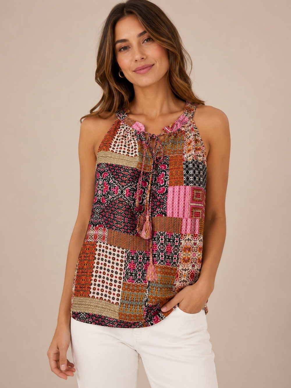Rose + Olive Women’s Orange Pink Patch Chiffon V Neck Sleeveless Blouse L Tassle